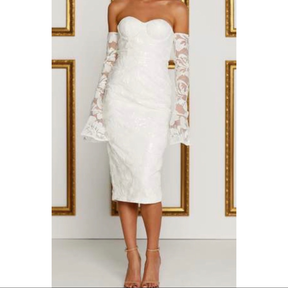 White midi dress / bridal event / lace strapless